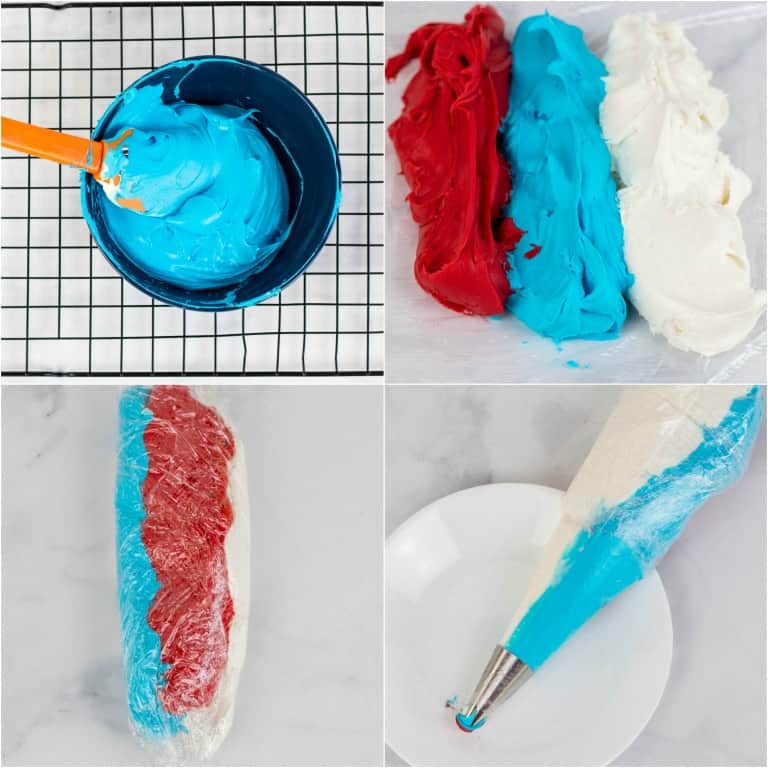 image collage showing the steps for frosting 4th of July Cupcakes
