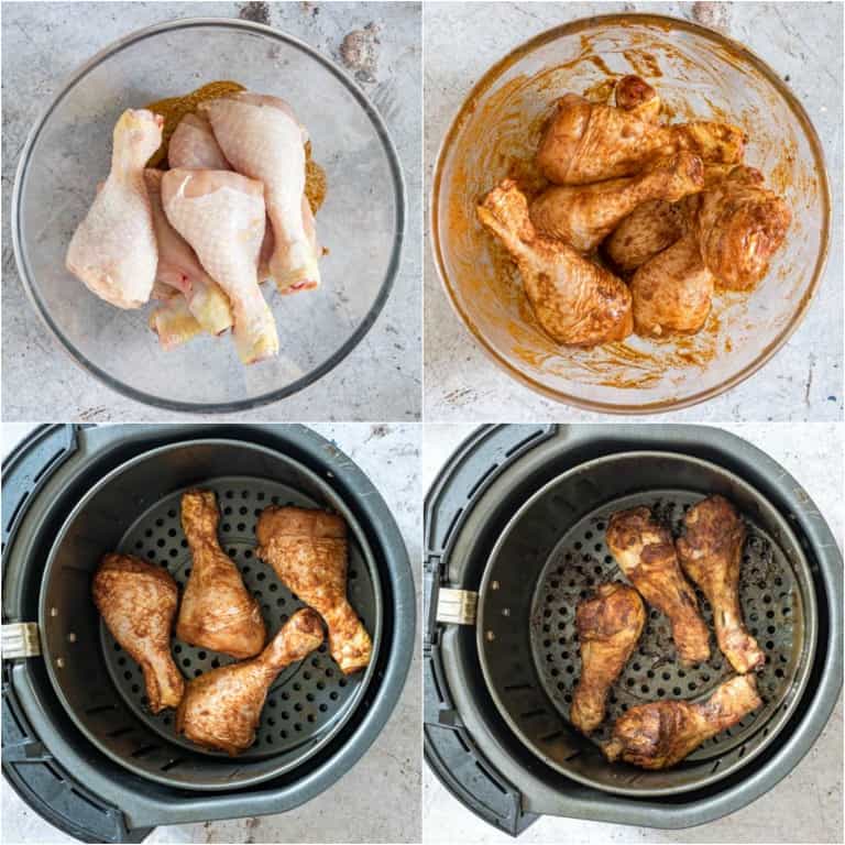 image collage showing the steps for making air fryer chicken drumsticks
