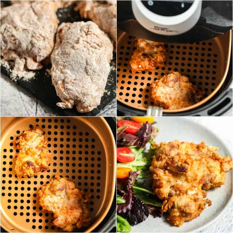 image collage showing the last few steps for making air fryer fried chicken