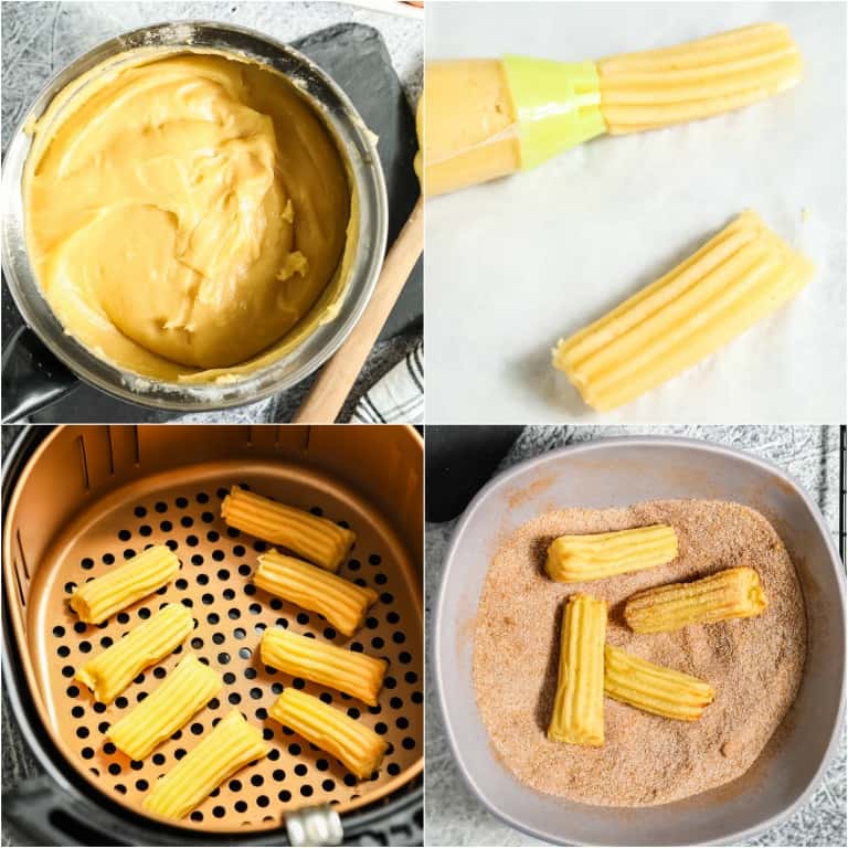 image collage showing the steps for making air fryer churros