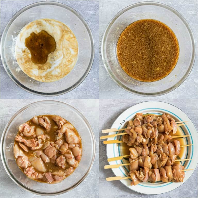 image collage showing the first four steps for making grilled chicken skewers