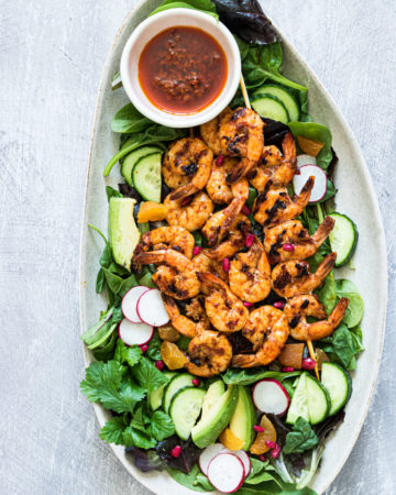 top down view of the Harissa Grilled Shrimp Salad