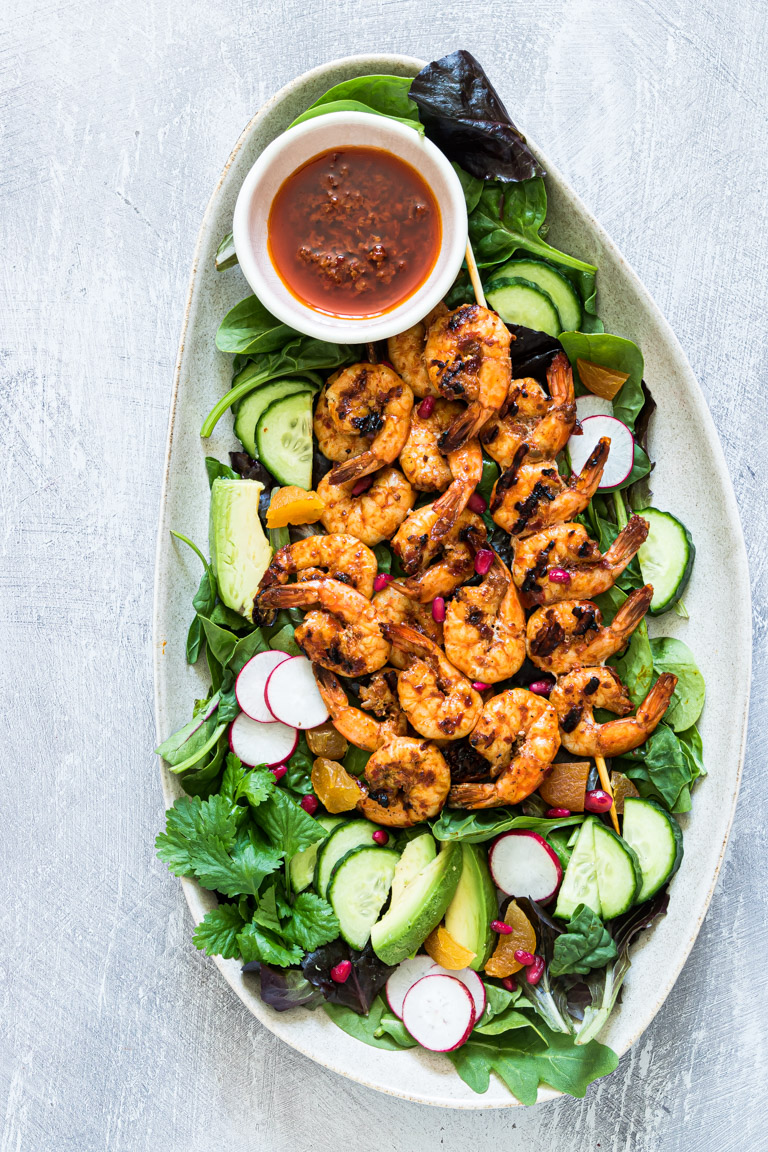 top down view of the Harissa Grilled Shrimp Salad