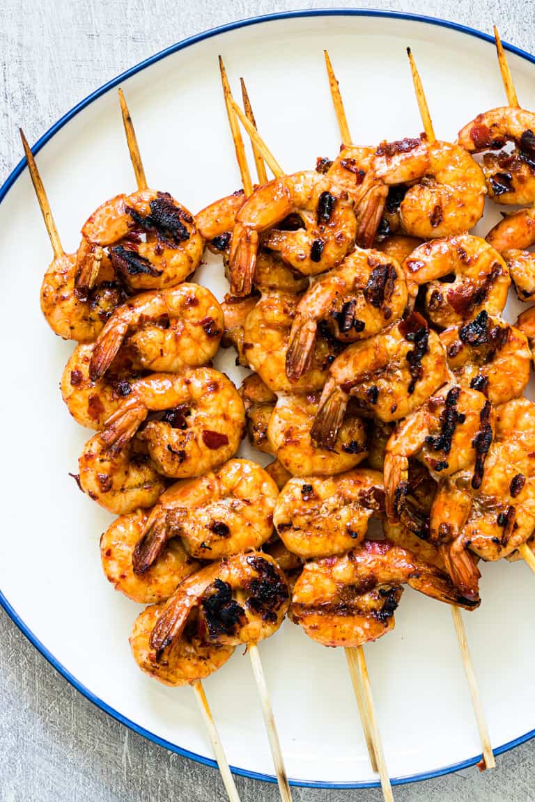 close up view of the finished frilled shrimp skewers