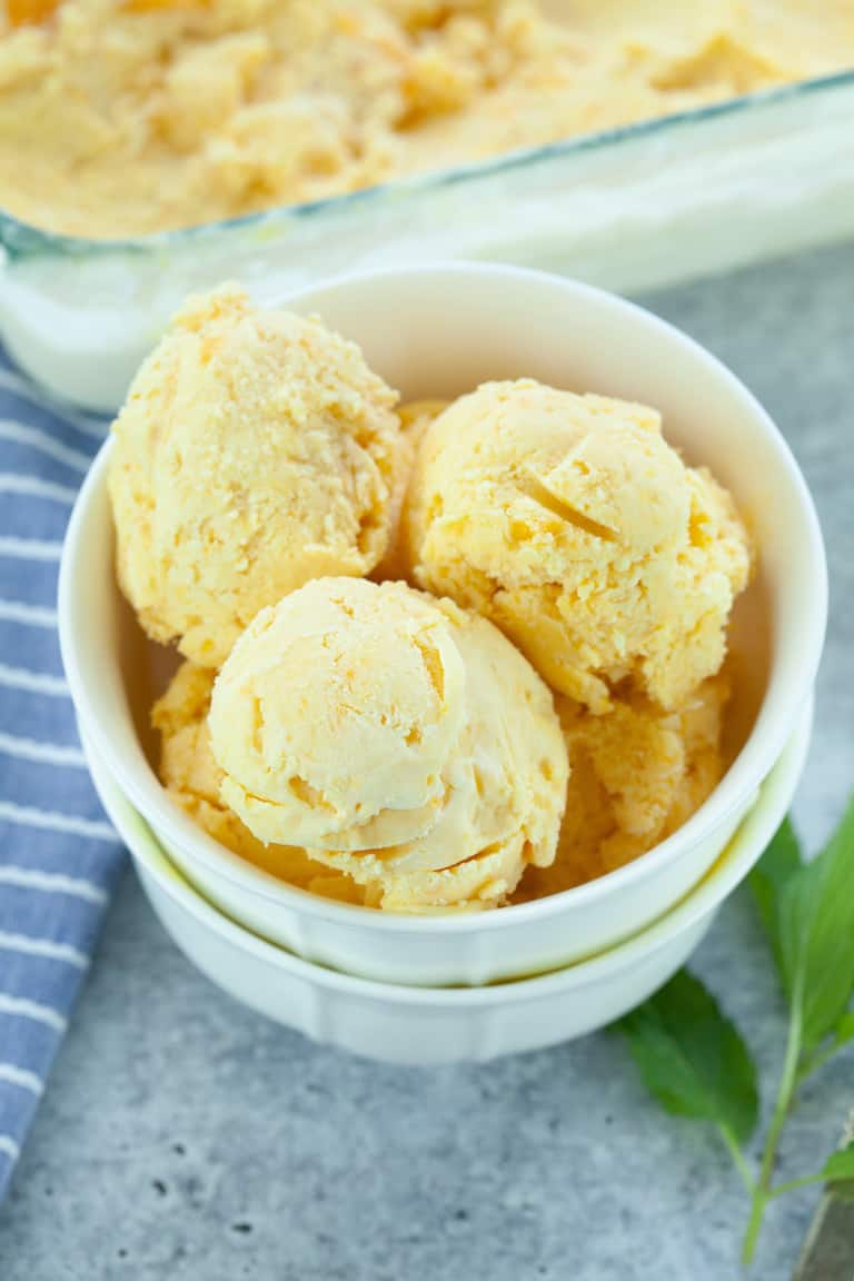 a close up view of the finished mango ice cream recipe