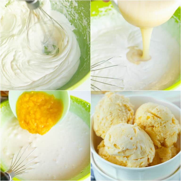 image collage showing the steps for making mango ice cream