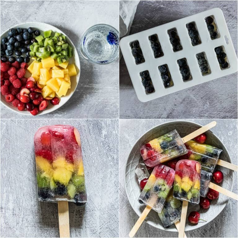 image collage showing the steps for making rainbow popsicle recipe