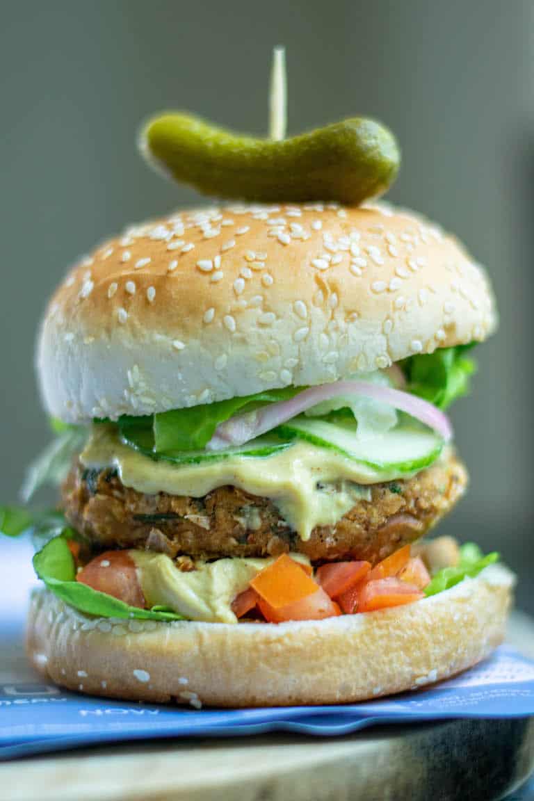 a close up view of completed veggie burgers air fryer recipe