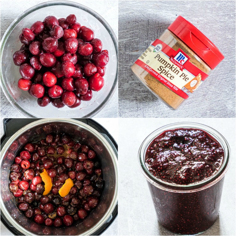 image collage showing the steps for making instant pot cherry jam