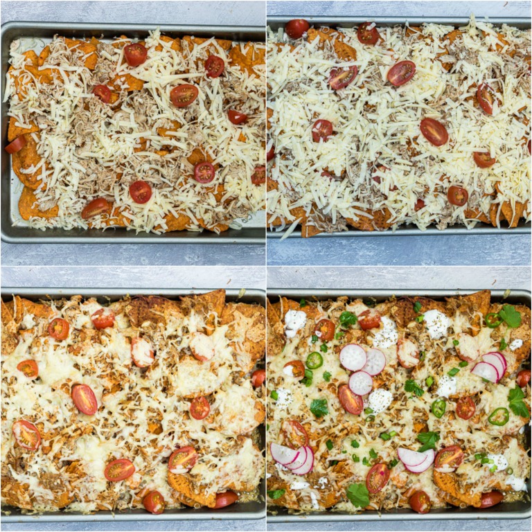 image collage showing the steps for making instant pot chicken nachos