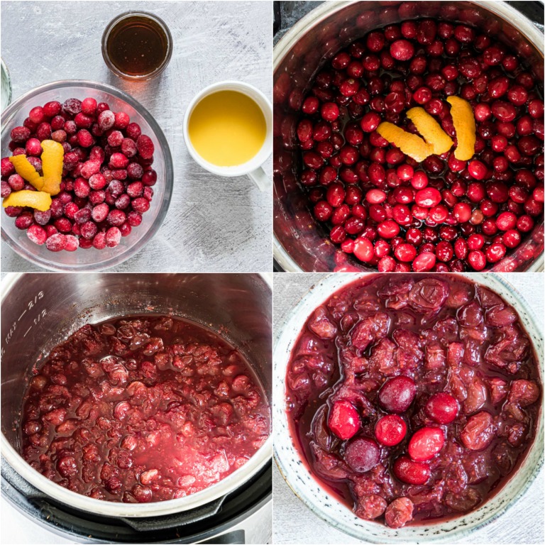 image collage showing the steps for making instant pot cranberry sauce