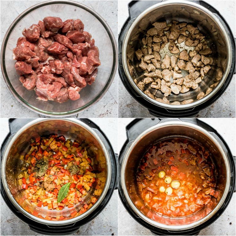 image collage showing the steps for making instant pot lamb stew