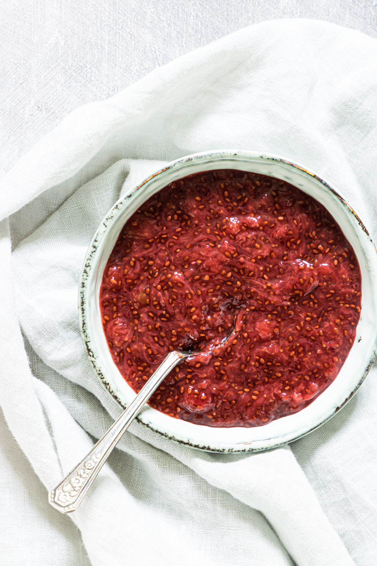 top down view of a bowl filled with Instant Pot Strawberry Jam