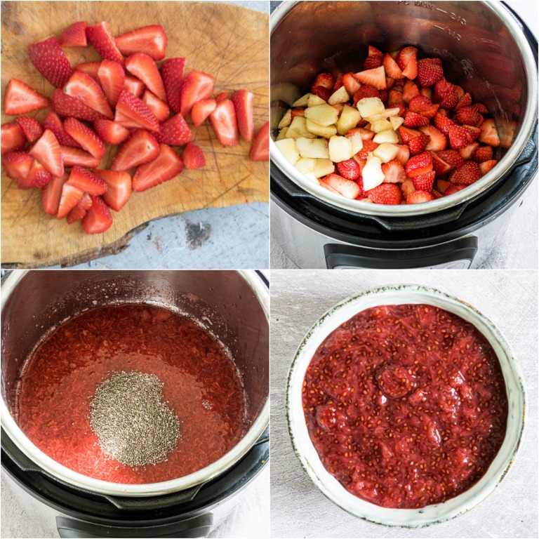 image collage showing the steps for making instant pot strawberry jam
