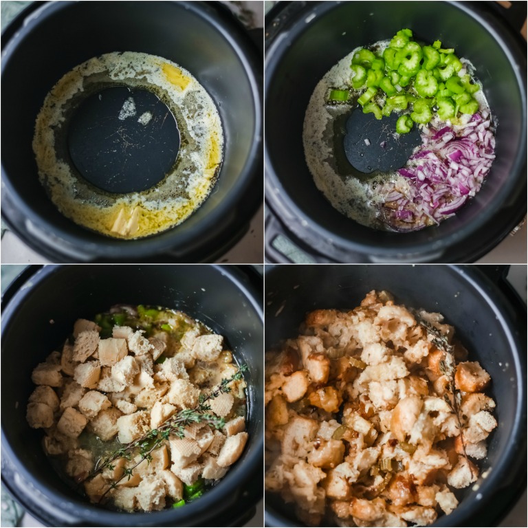 image collage showing the steps for making instant pot stuffing