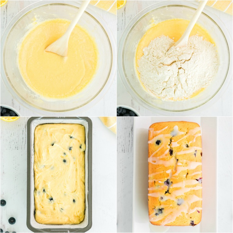 image collage showing the steps for making blueberry lemon bread