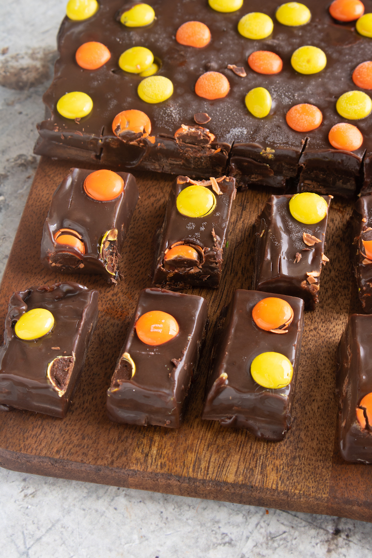 chocolate fudge with candies sliced and ready to serve