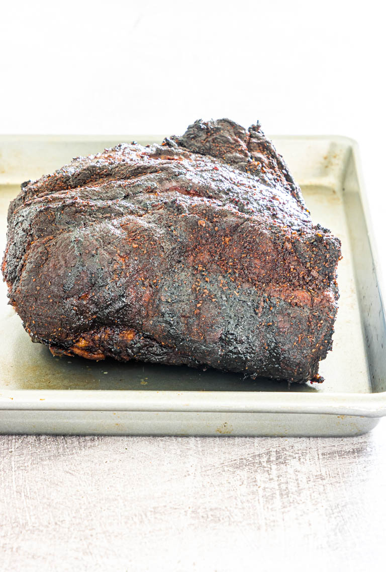 side view of the finished smoked pork shoulder