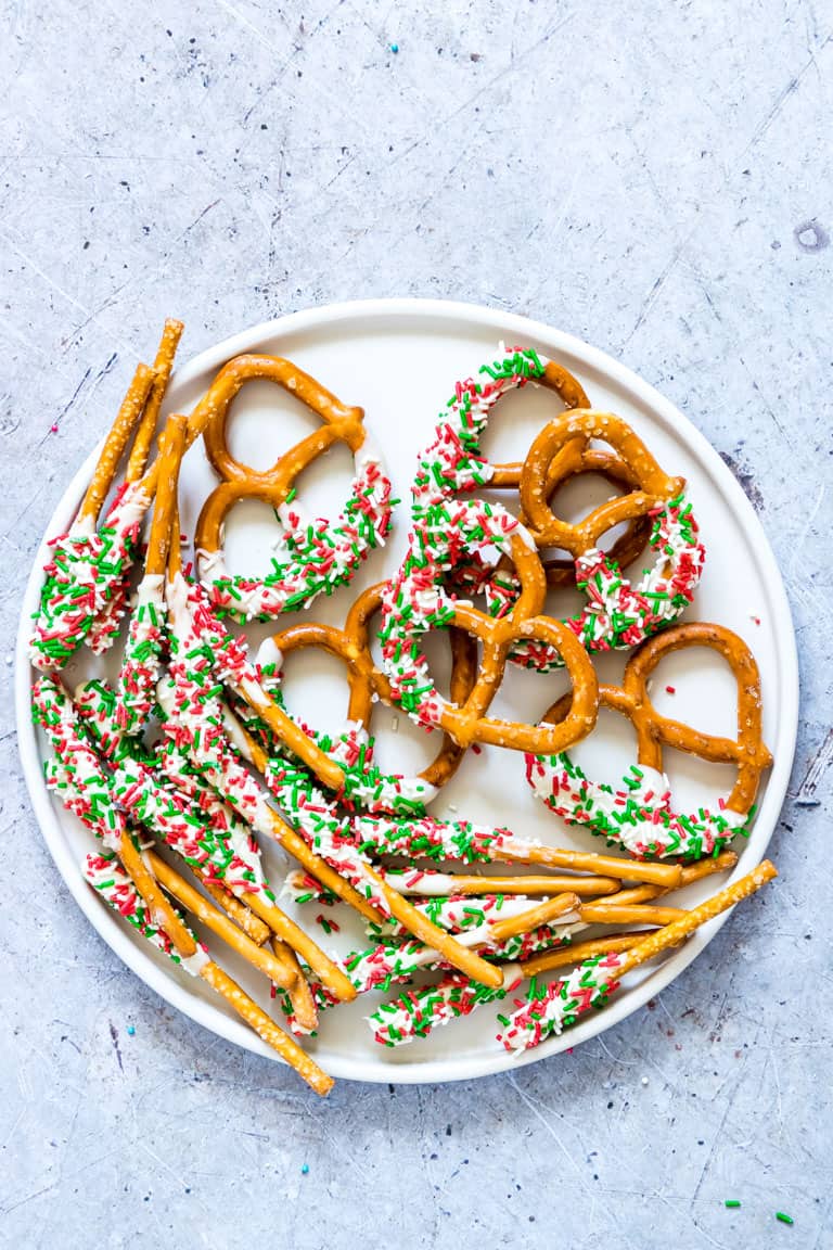 selection of chocolate covered pretzels on a plate