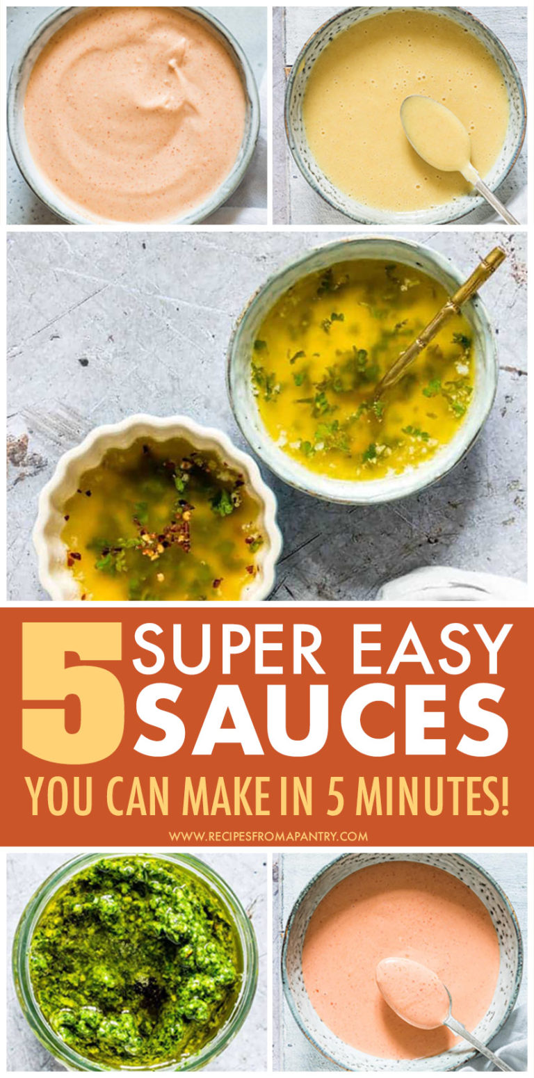 this is a pinterest pin linking to recipes for 5 easy sauces