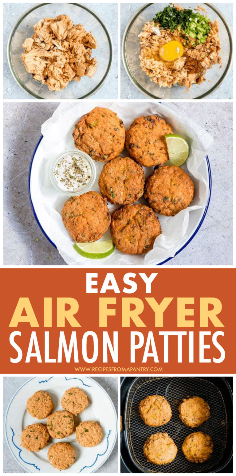 This is a pinterest pin linking to a recipe for air fryer salmon patties