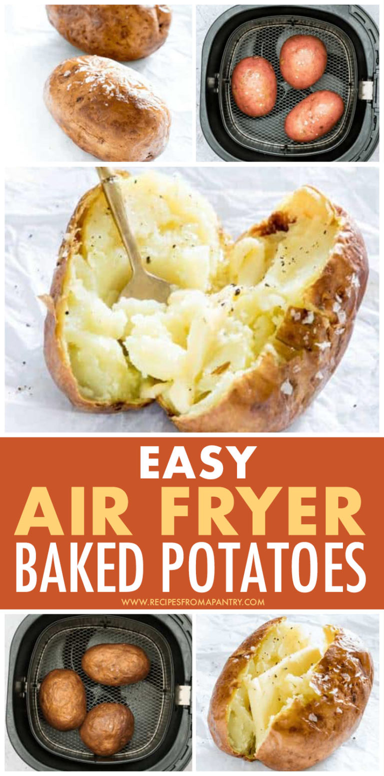 This is a pinterest pin that links to a recipe for air fryer baked potatoes