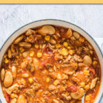 top down view of a round bowl of brunswick stew