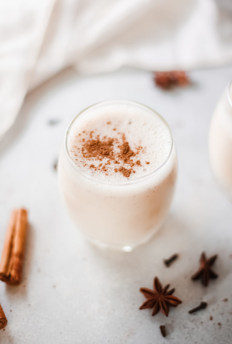 top down view of a glass filled with Instant Pot Eggnog