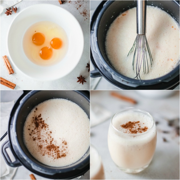 image collage showing the steps for making instant pot eggnog