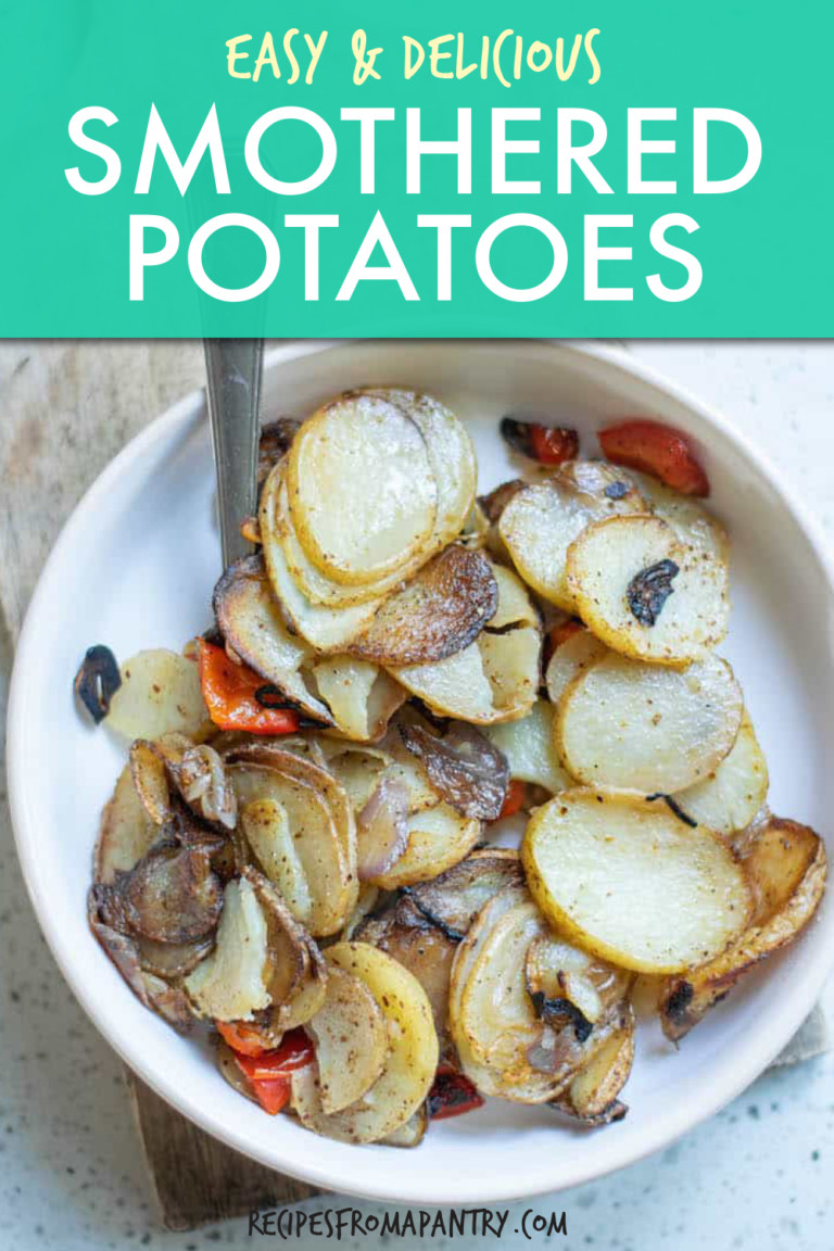 smothered sliced potatoes in a bowl