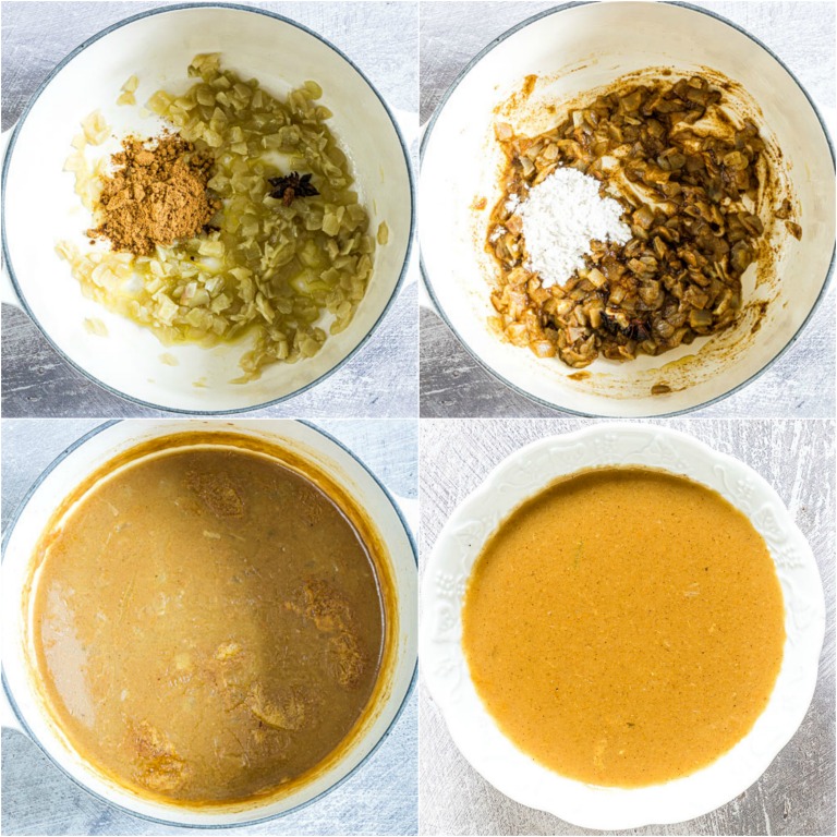 image collage showing the steps for making the curry sauce for the SPAM Fritters Katsu Curry recipe