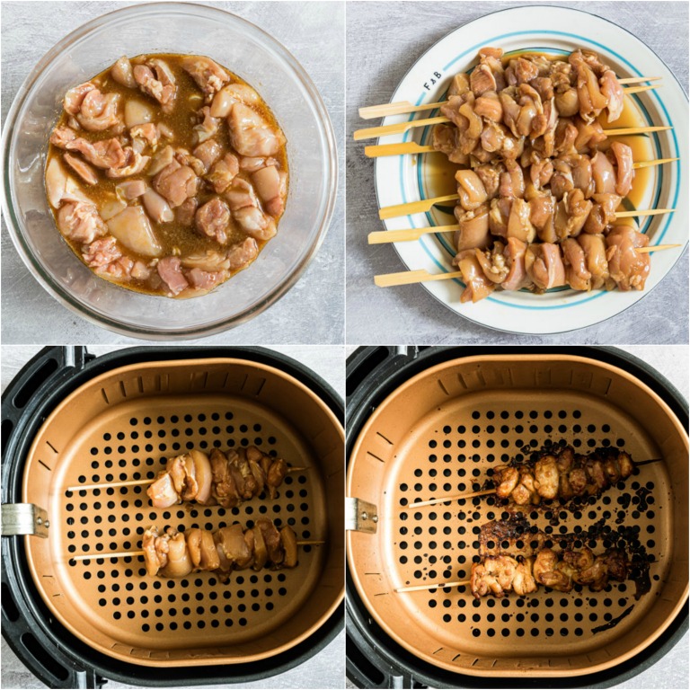 image collage showing the steps for making air fryer chicken kabobs