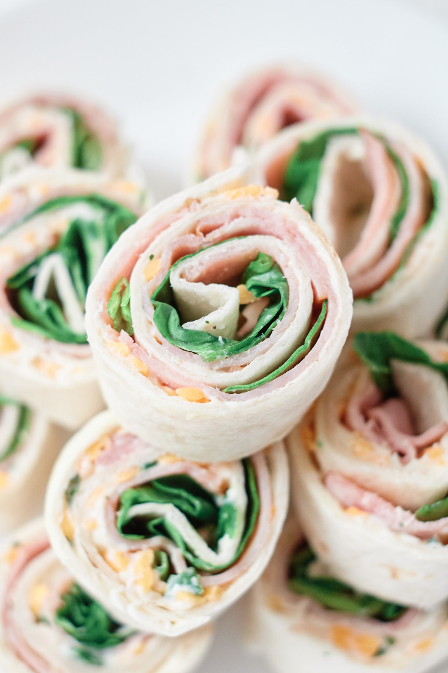 close up view of the finished ham roll ups