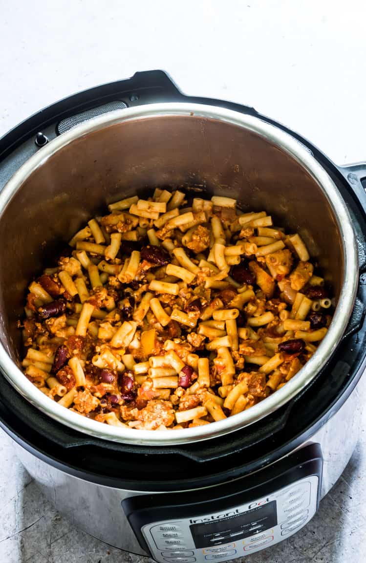 finished chili mac recipe inside the instant pot