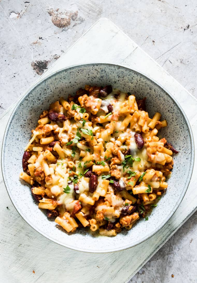 instant pot chili mac and cheese served in a bowl