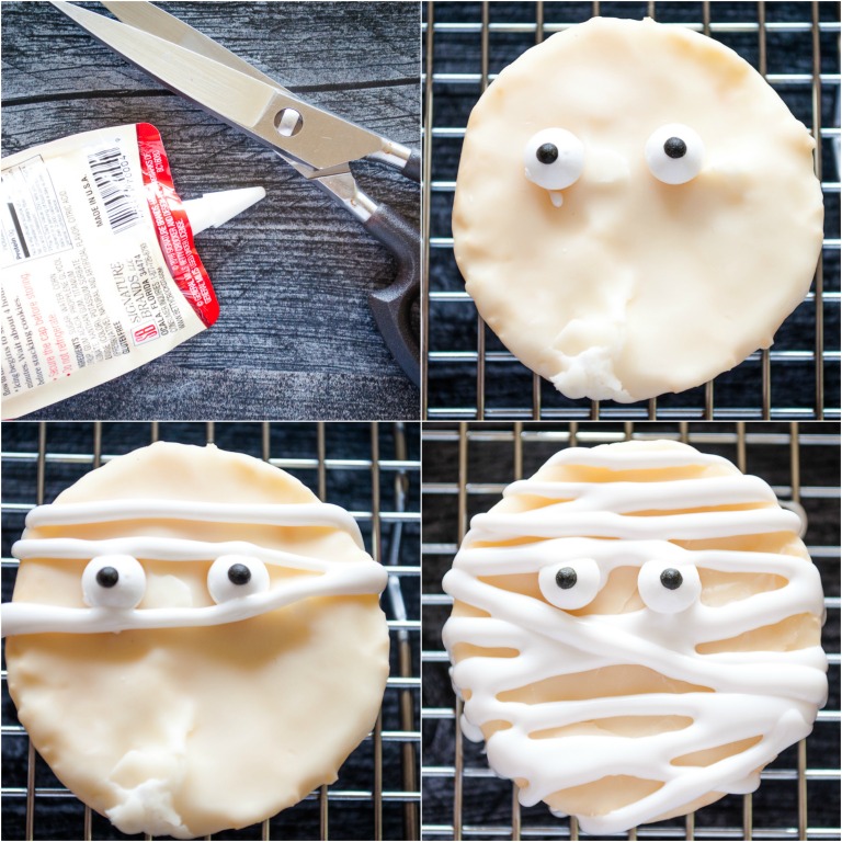 image collage showing the steps for making Halloween mummy cookies