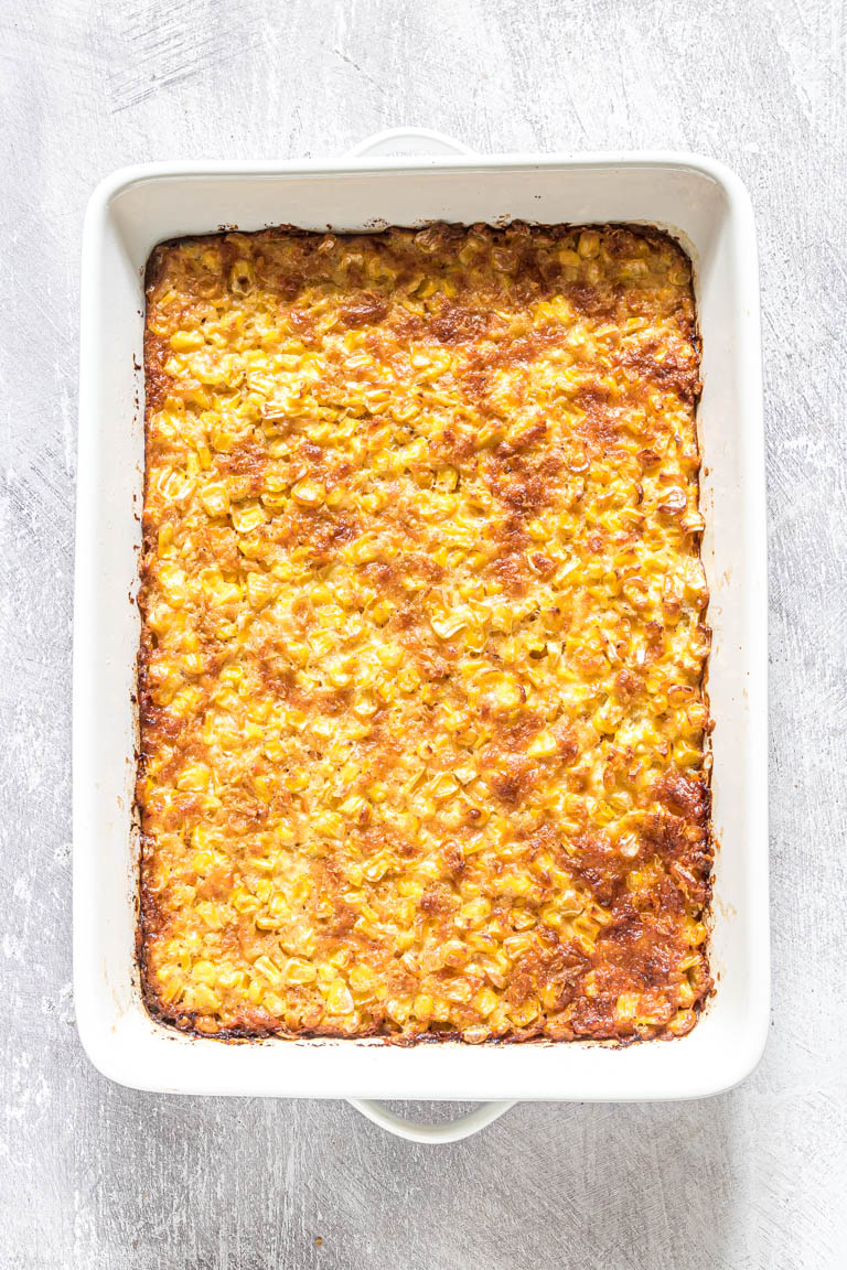 top down view of the completed scalloped corn casserole