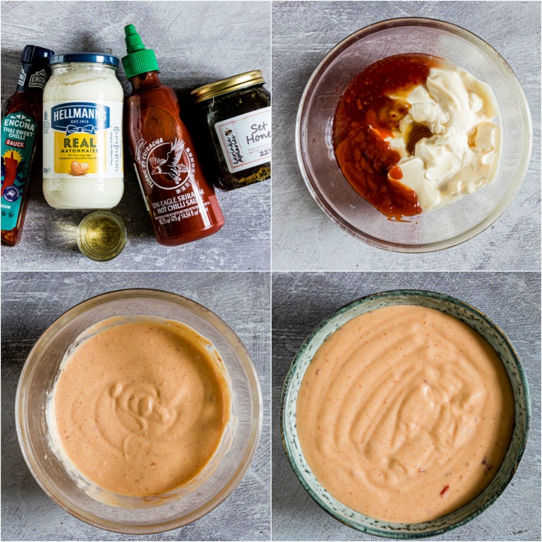 image collage showing the steps for making bang bang sauce at home