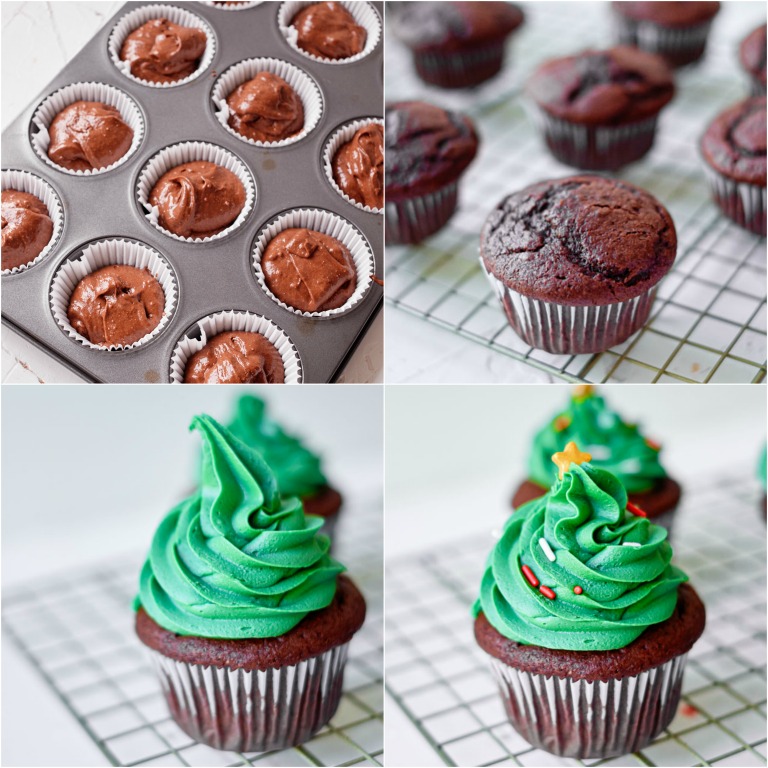 image collage showing the steps for making christmas tree cupcakes