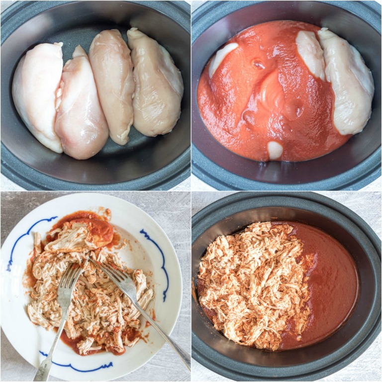 the first four steps for making crockpot chicken enchiladas casserole