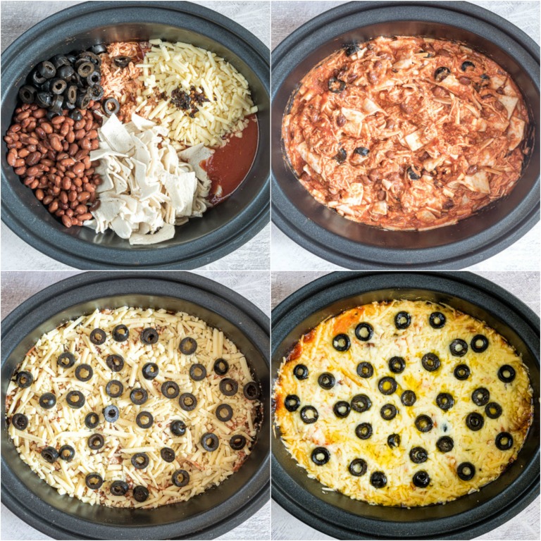 image collage showing the final steps for making crockpot chicken enchiladas casserole