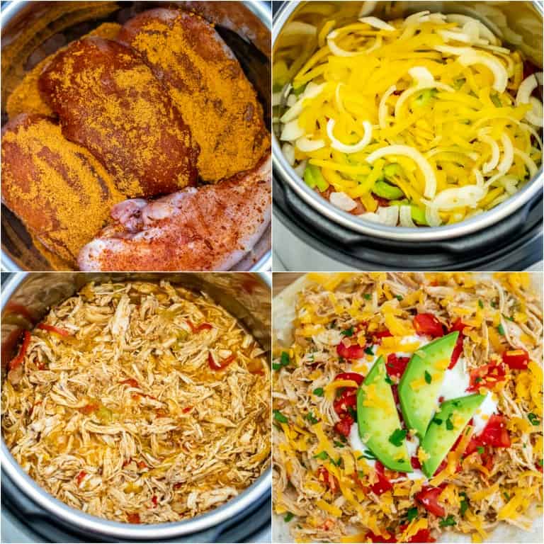 image collage showing the steps for making instant pot chicken fajitas