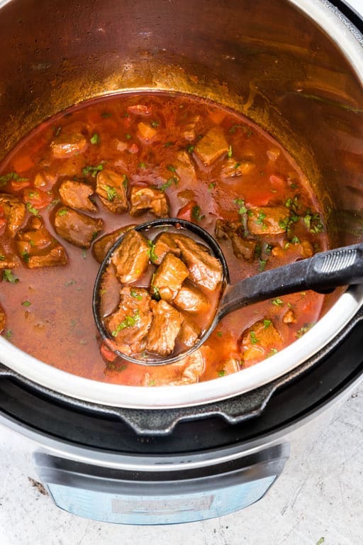 the finished pressure cooker goulash recipe inside the instant pot.