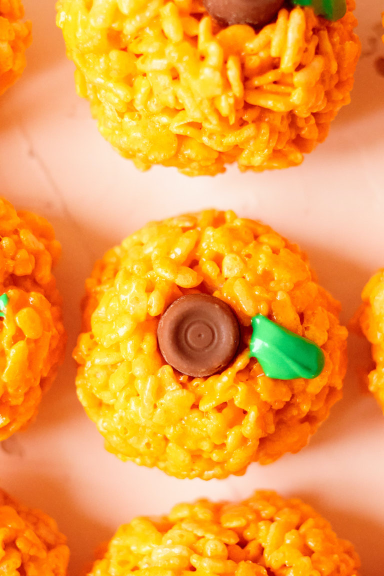 close up view of one of the completed rice krispie pumpkins