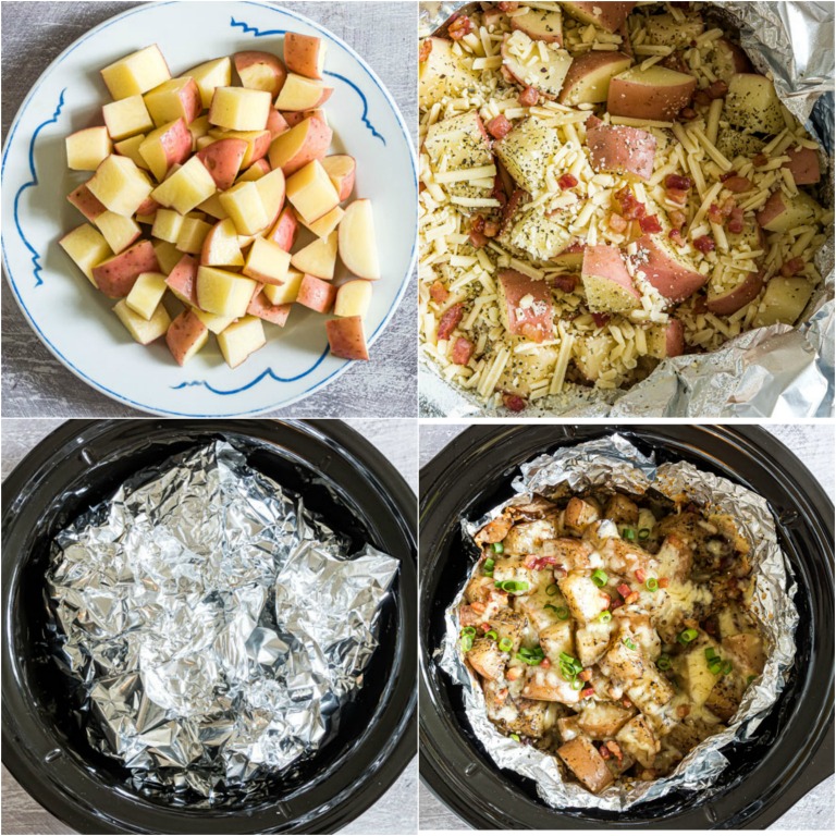 image collage showing the steps for making cheesy potatoes in crock po