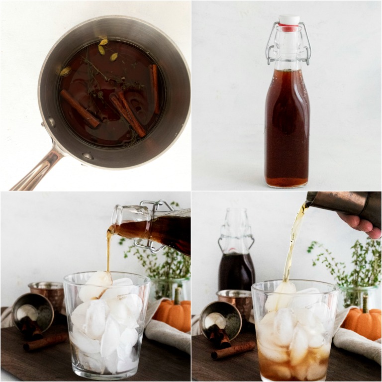 image collage showing the steps for making fall spiced old fashioned