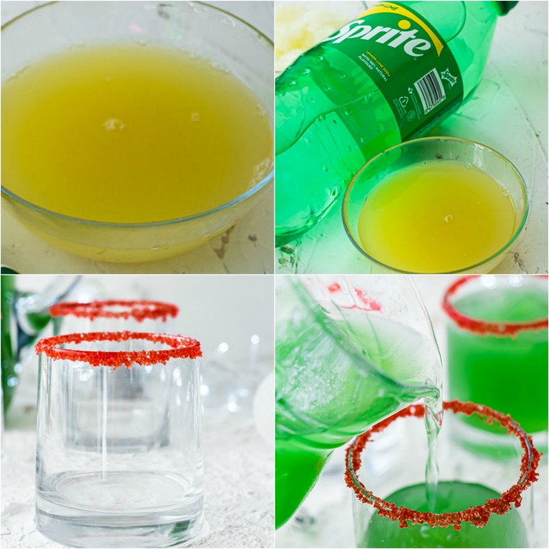 image collage showing the steps for making this Grinch holiday punch recipe