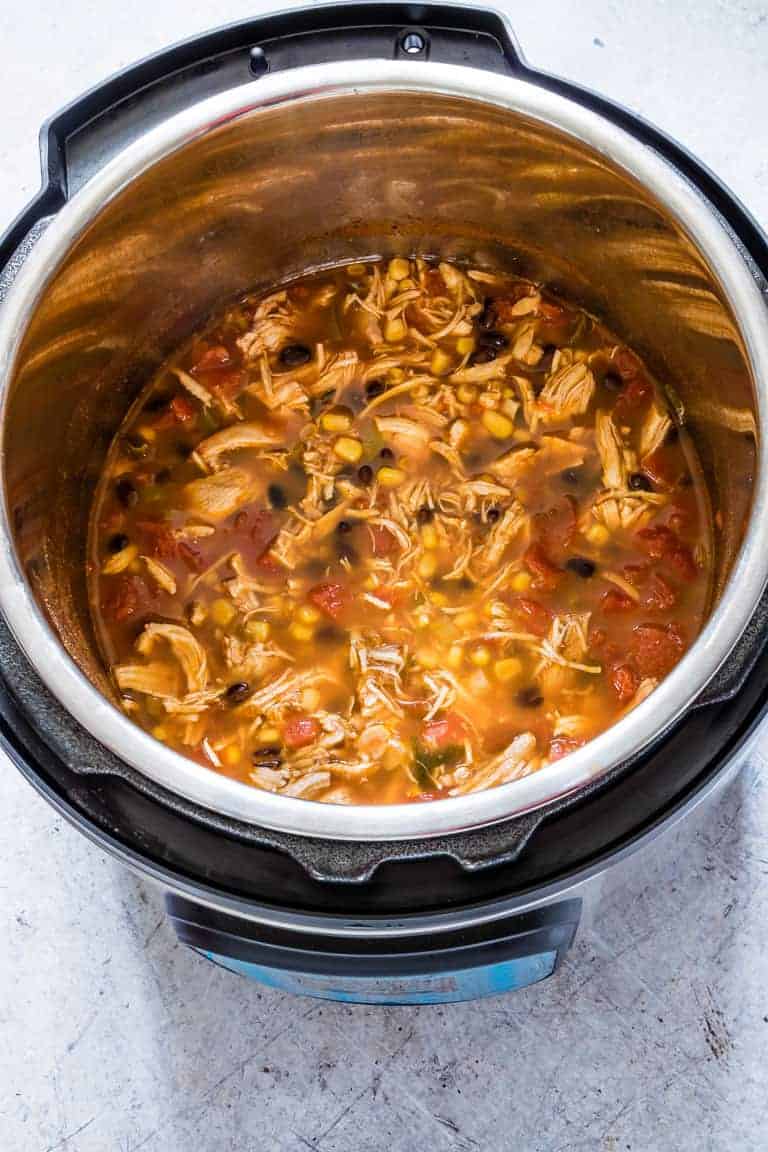 Close up of a pot of pressure cooker chicken tortilla soup 
