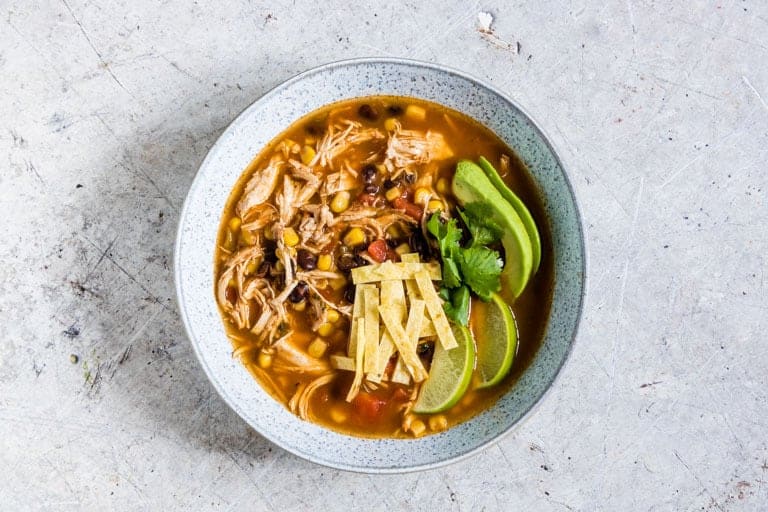 easy chicken tortilla soup on a table