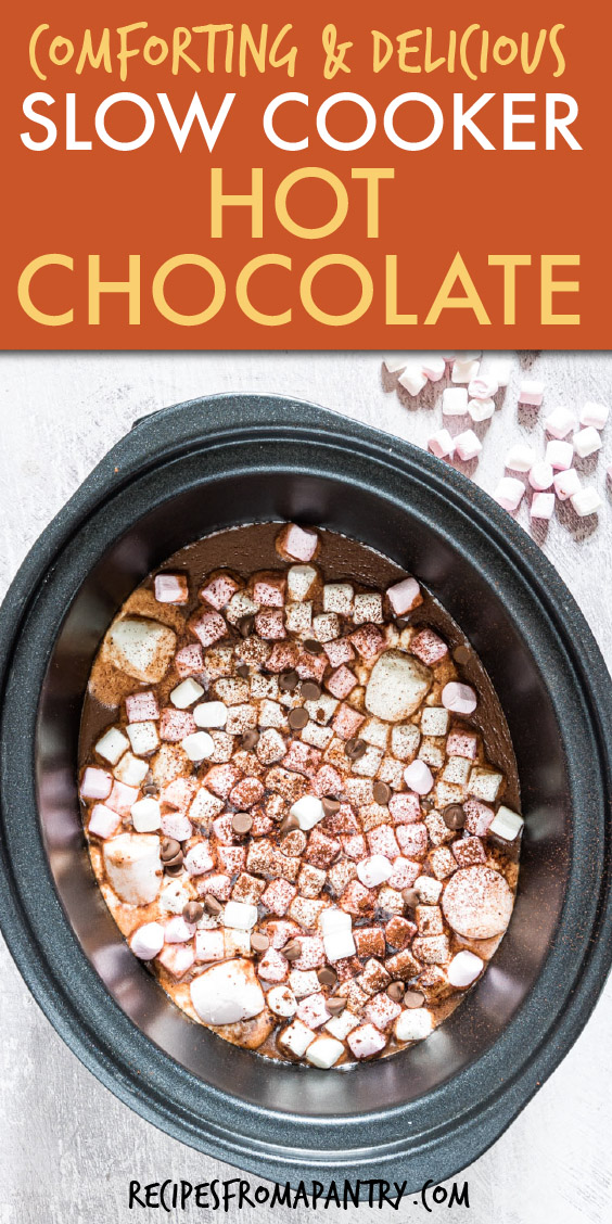Top down view of hot chocolate and marshmallows in a crock pot